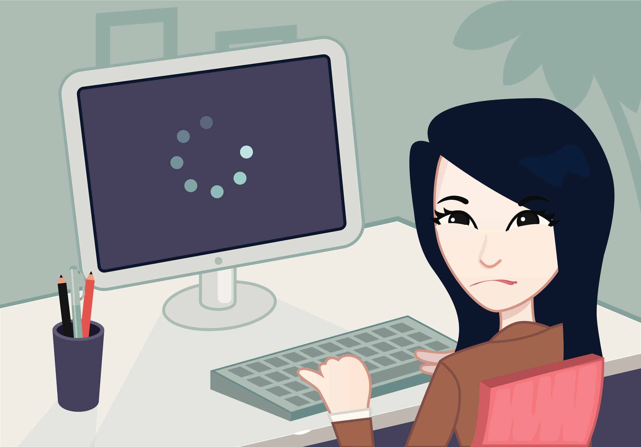 site-performance illustration of frustrated woman at computer